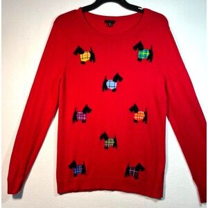 Talbots Red Scottie Dog Sweater Womens MED Cotton Cashmere Knit Long Sleeveless